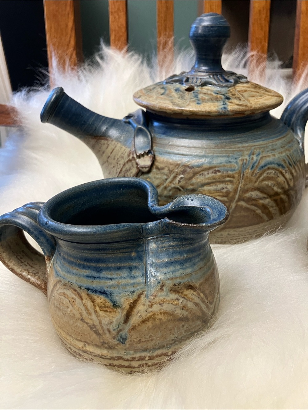 Handmade Stoneware Teapot, Sugar Bowl, Creamer and Mugs (6)